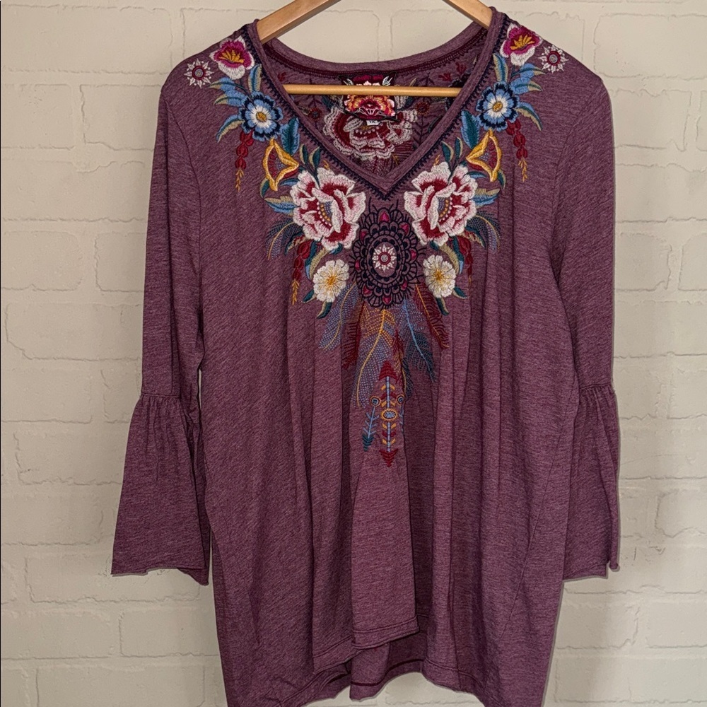 Johnny Was shirt 1x floral Embroidered Purple boho hippie peasant bell sleeve - Picture 6 of 6